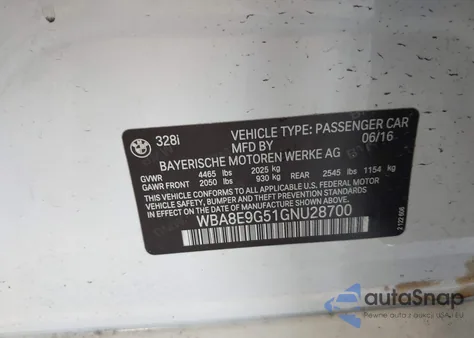 2016 BMW 328I z USA, uszkodzony, nr VIN WBA8E9G51GNU28700